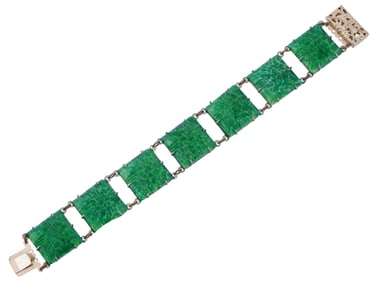 ART DECO MANNER GREEN GLASS SILVER JEWELRY BRACELET
