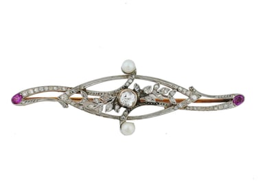 ANTIQUE 14K GOLD EDWARDIAN DIAMONDS PEARLS BROOCH