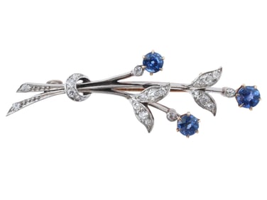ANTIQUE 14K PALLADIUM GOLD SAPPHIRE DIAMONDS BROOCH