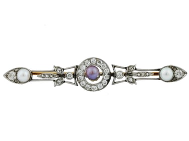ANTIQUE RUSSIAN 14K GOLD DIAMOND NATURAL PEARL BROOCH