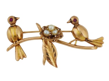 14K GOLD LOVE BIRDS RUBY EYES NATURAL PEARLS BROOCH