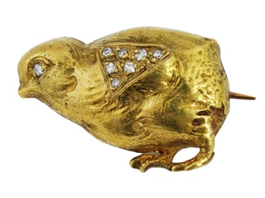 14K GOLD ANTIQUE DIAMONDS CHICKEN JEWELRY BROOCH