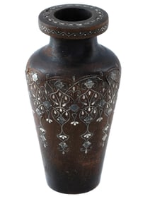 SMALL INDIAN SILVER INLAY WOODEN DECORATIVE VASE