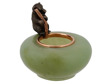 MINI RUSSIAN 14K GOLD JADE VASE W BEAR SILVER FIGURE