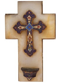 ANTIQUE FRENCH CHAMPLEVE ENAMEL HOLY WATER FONT