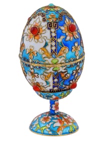 RUSSIAN MANNER CLOISONNE EGG TRINKET BOX WITH STAND