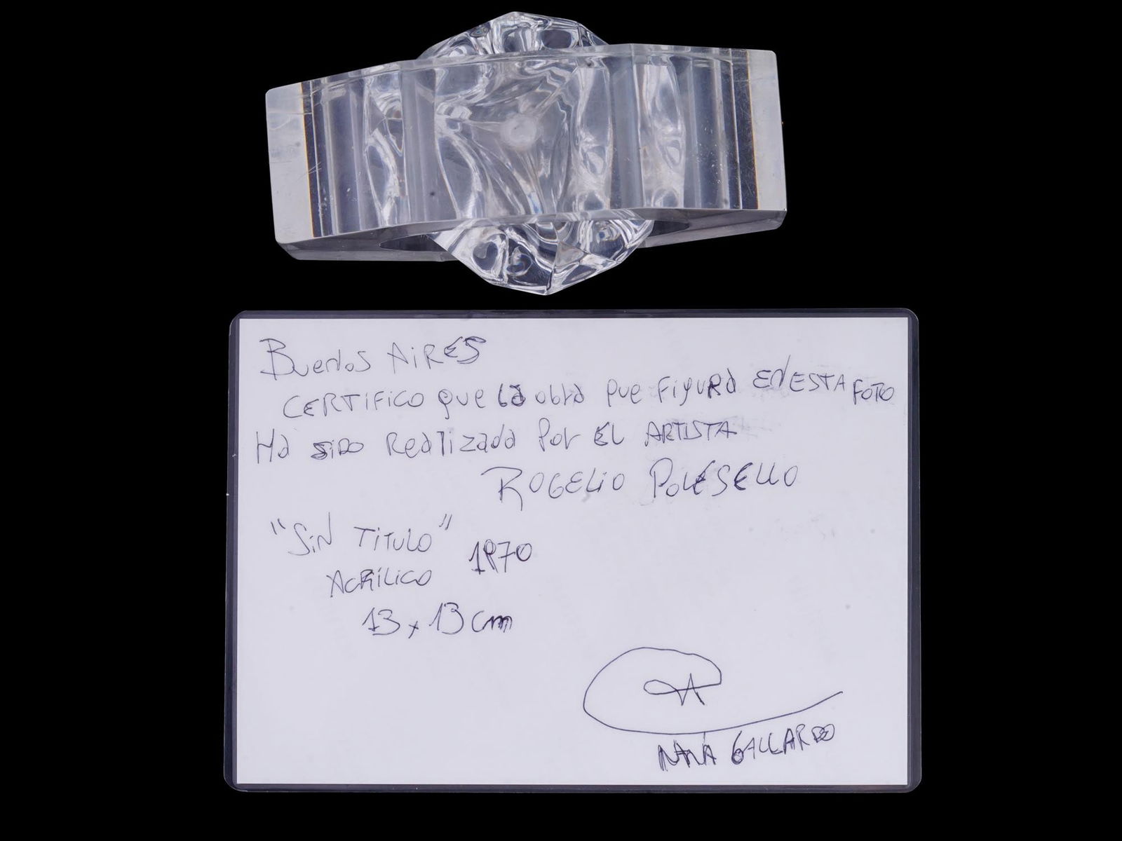 ROGELIO POLESELLO ACRYLIC SCULPTURE W CERTIFICATE: Rogelio Polesello, Argentinian, 1939 to 2014, a geometrical shaped acrylic sculpture made in the Op Art manner. Signed with etching, Polesello, on the sculpture. Completed with an inscribed certificat