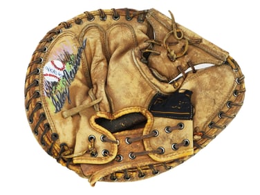 BASEBALL GLOVE SIGNED BY LEROY NEIMAN WITH A BALL IMAGE