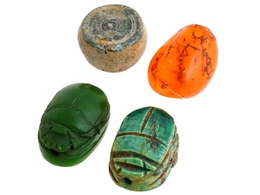 ANCIENT STONE PIECES AND TWO CARVED SCARAB AMULETS