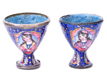 ANTIQUE PERSIAN QAJAR SILVER ENAMEL EGG STANDS