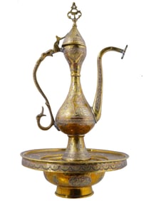 ANTIQUE SYRIAN BRASS COPPER SILVER EWER AND BASIN