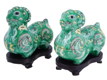 ANTIQUE CHINESE FAMILLE VERTE RAM PORCELAIN BOXES