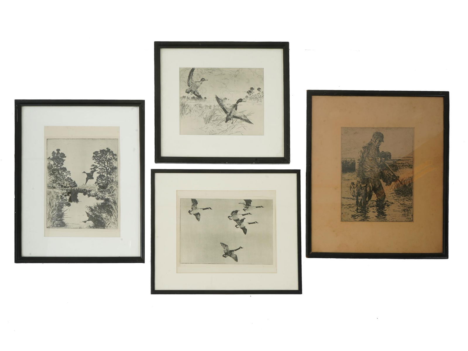 ANTIQUE AMERICAN FRANK W BENSON ENGRAVINGS SET: A set of four antique American engravings, dedicated to goose hunting by Frank Weston Benson. Circa early 20th century, 1917. Three engravings depict geese flying and taking off. The fourth engraving