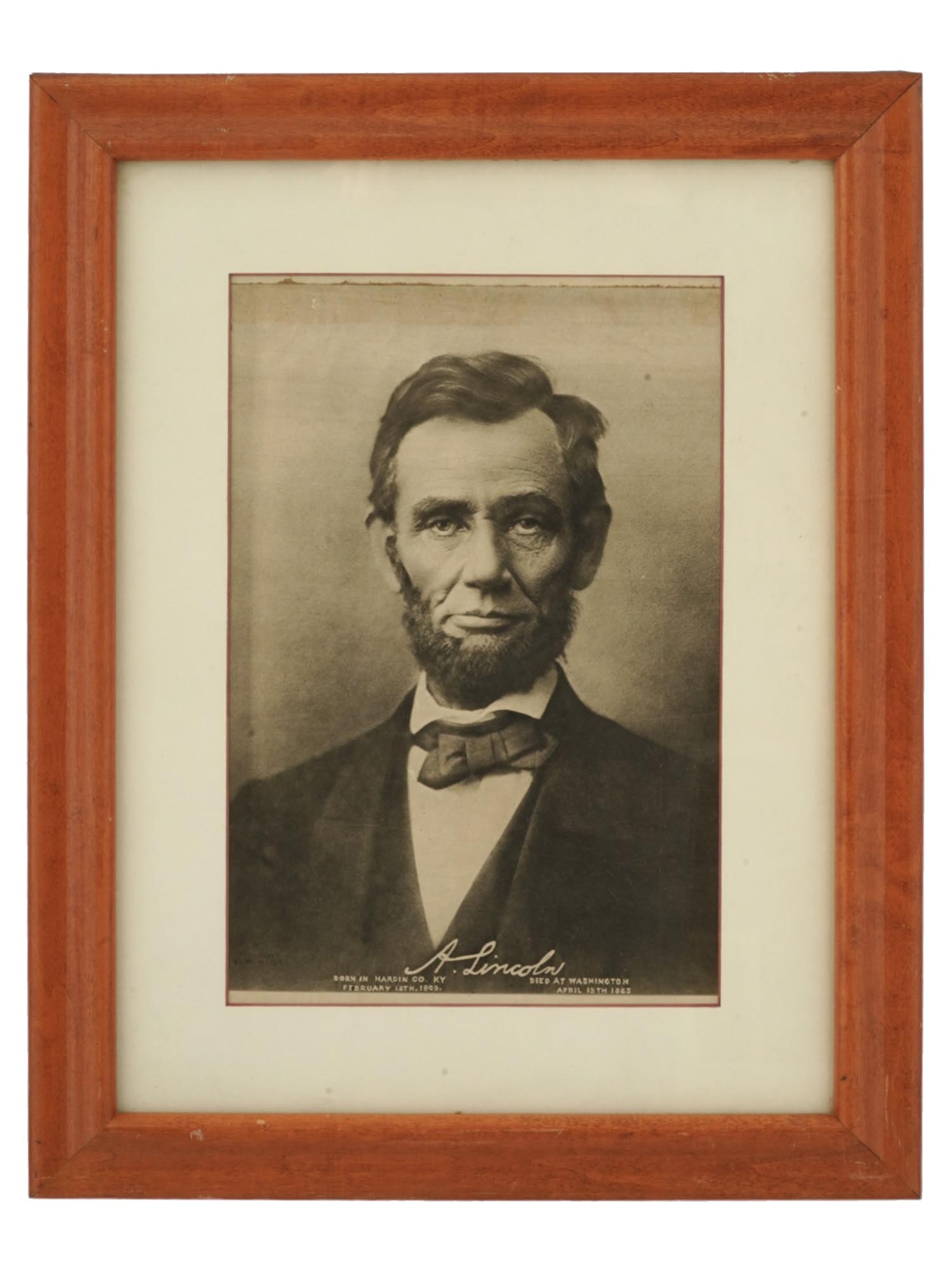 VTG PRINT ALEXANDER GARDNER PHOTOGRAPH OF LINCOLN: A vintage photo print of Abraham Lincoln, 16th President of the United States, based on the original negative by Alexander Gardner, taken on November 8, 1863 in Washington, DC. Scholars and enthusiast