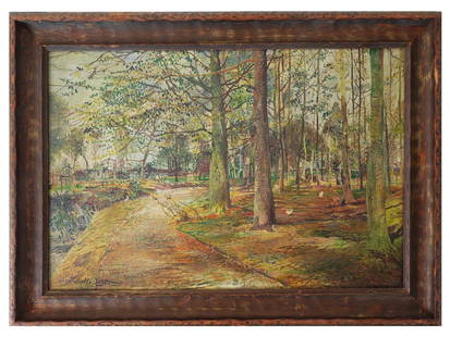 BELGIAN LANDSCAPE OIL PAINTING BY JULIETTE WYTSMAN: Juliette Wytsman, Belgian, 1866 to 1925, oil painting on board depicting a forest landscape. Signed lower left. Framed .Juliette Wytsman was a Belgian impressionist painter. She was married to painter