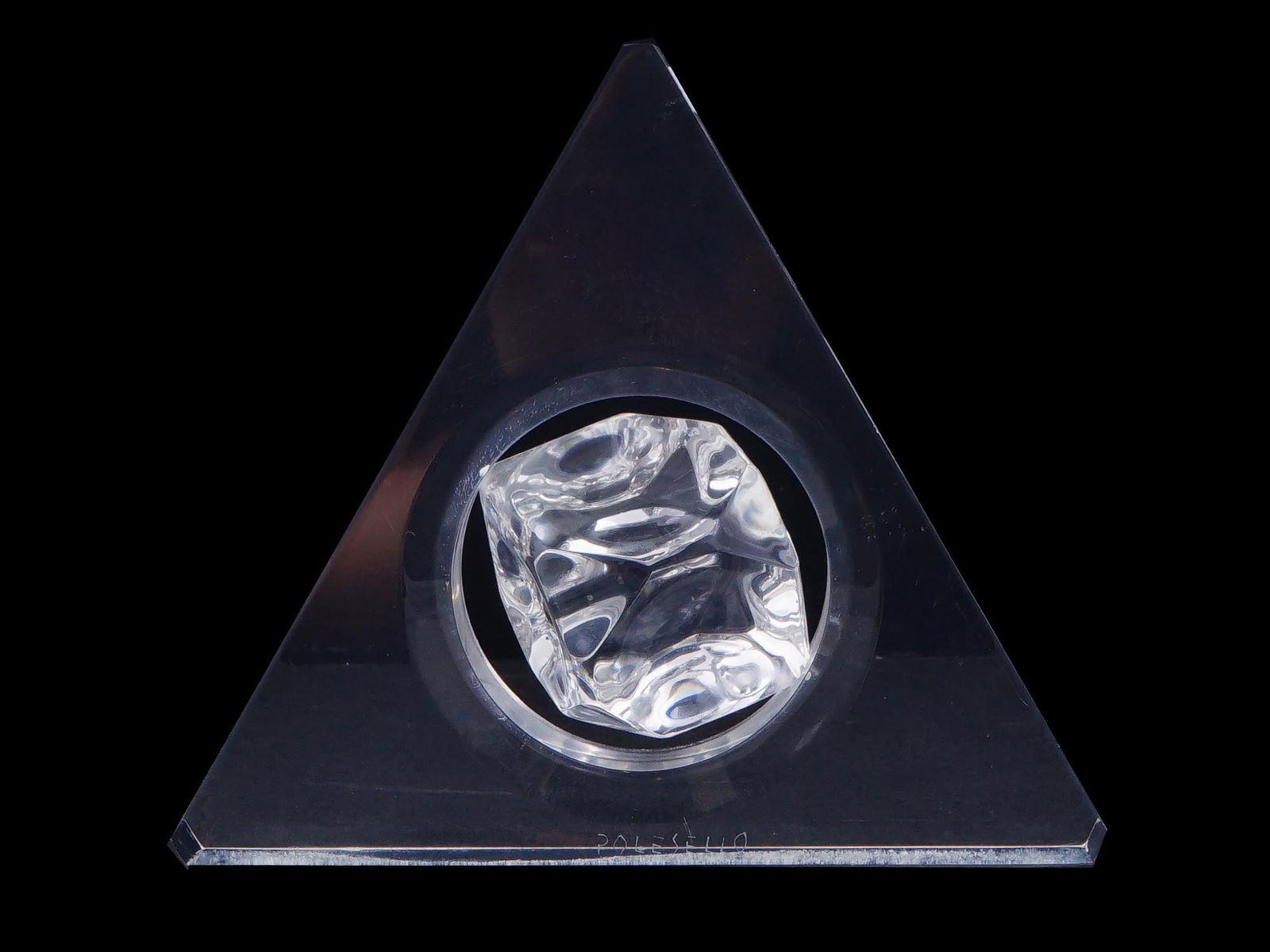 ROGELIO POLESELLO OP ART ACRYLIC SCULPTURE SIGNED: Rogelio Polesello, Argentinian, 1939 to 2014, a geometrical shaped acrylic sculpture made in the Op Art manner. Signed with etching, Polesello, on the sculpture.R ogelio Polesello was an Argentine pai