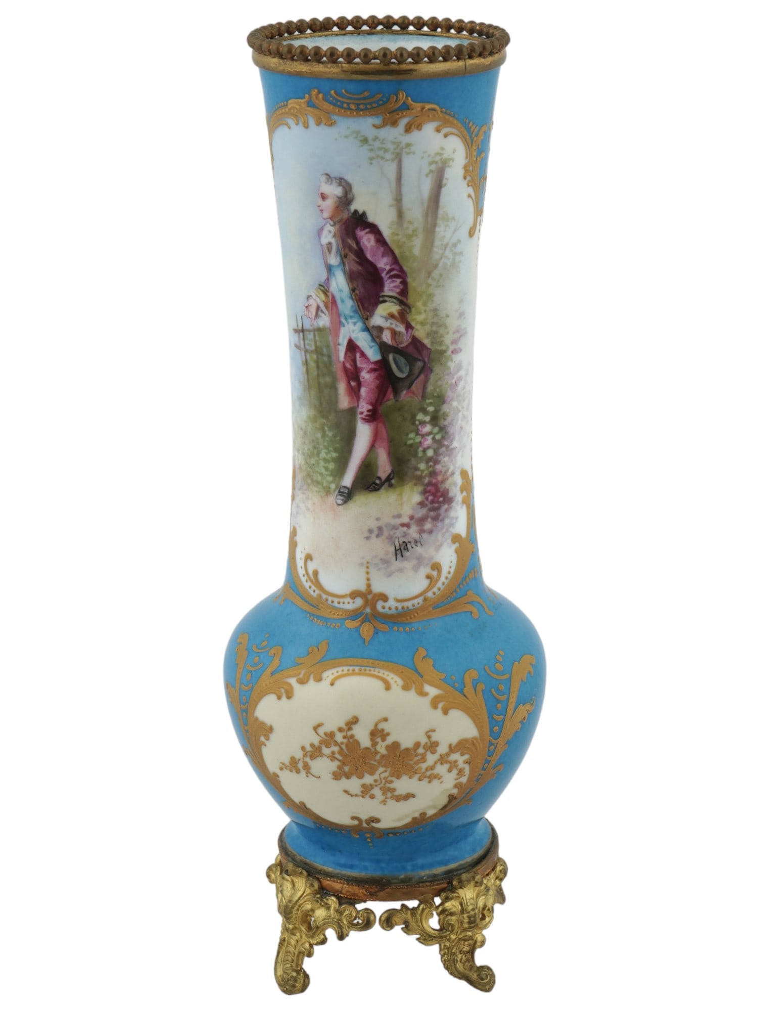 ANTIQUE FRENCH SEVRES GILT BRONZE PORCELAIN VASE: A beautiful antique Sevres porcelain and bronze vase has an elongated neck with a bulbous body. The neck of the vase is decorated with hand painted scenes of a man in a garden setting, and on the othe