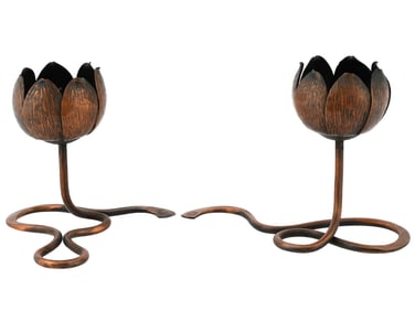 PAIR OF VINTAGE CHINESE METAL LOTUS CANDLE HOLDERS