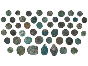 COLLECTION OF ANCIENT BRONZE COINS VARIOUS DESIGNS