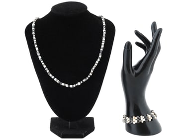 ANCIENT BLACK WHITE STONE BEAD NECKLACE AND BRACELET