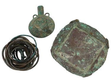 COLLECTION OF ANCIENT BRONZE BRACELETS, FLASK AND TRAY