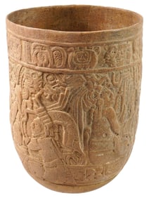 ANCIENT PRE COLUMBIAN MAYA POTTERY VASE W RELIEF DECOR