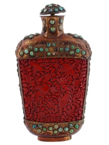 LARGE ASIAN CARVED CINNABAR TURQUOISE SNUFF BOTTLE