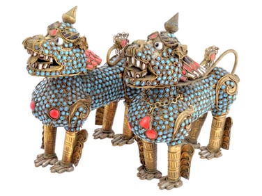 TIBETAN IMPERIAL FOO DOG TURQUOISE CORAL BRASS BOXES