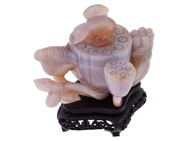 ANTIQUE CHINESE JADE LOTUS CARVING WITH STAND