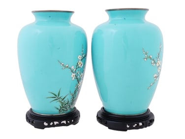 JAPAN MEIJI SILVER WIRE CLOISONNE VASES W WOOD BASES