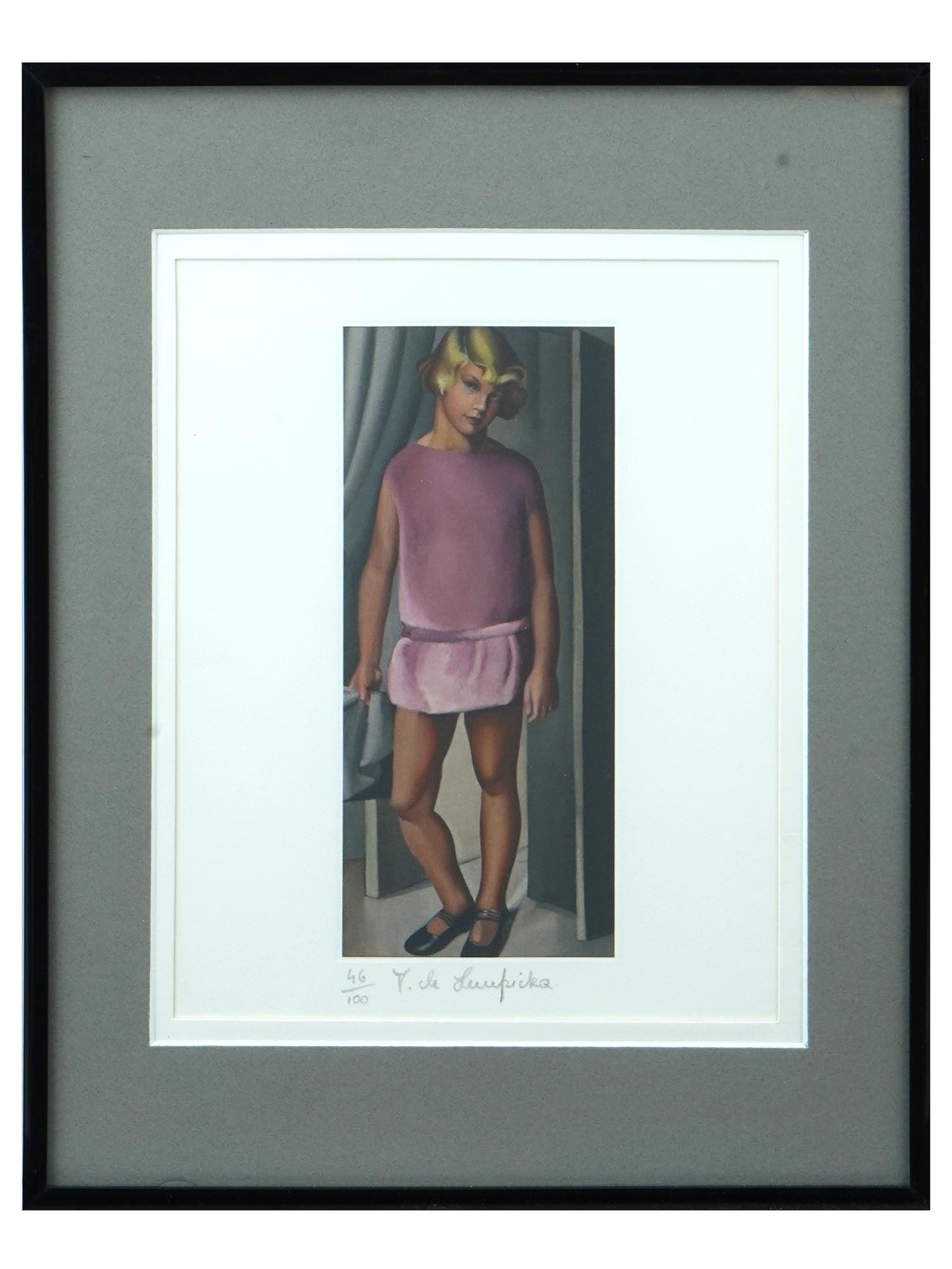 FEMALE PORTRAIT LITHOGRAPH BY TAMARA DE LEMPICKA: Color lithograph on paper by Tamara de Lempicka, 1898 to 1980, a Polish Art Deco artist. The artwork is a full-length portrait of a girl in pink dress. Untitled, undated. Numbered 46 out of 100 in the