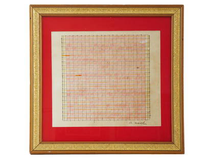 AGNES MARTIN ABSTRACT AMERICAN MIXED MEDIA PAINTING: Agnes Bernice Martin, American, 1912 to 2004, mixed media painting on paper depicting an abstract checkered composition. Signed lower right. Framed. Agnes Martin is known for Biomorph to minimal grid