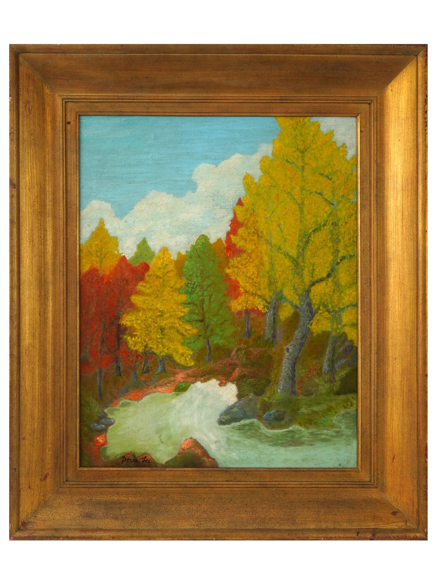 AMERICAN FALL LANDSCAPE OIL PAINTING BY DORIS LEE: Oil on canvas painting by Doris Emrick Lee, 1904 to 1983, an American painter known as one of the most successful female artists of the Depression era. The artwork depicts a forest river during autumn