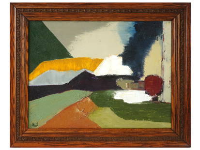 ABSTRACT LANDSCAPE PAINTING BY NICOLAS DE STAEL: Oil on canvas painting by Nicolas de Stael, 1914 to 1955, a French painter of Russian origin known for his use of a thick impasto and his highly abstract landscape painting. The artwork depicts a natu