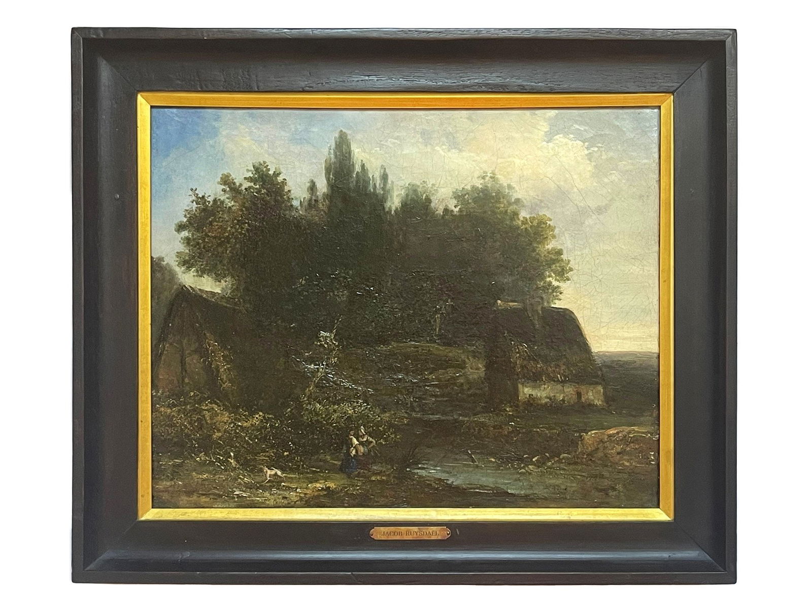 JACOB VAN RUISDAEL ANTIQUE DUTCH OIL PAINTING: Jacob van Ruisdael, Dutch, 1628 to 1682, oil on canvas painting depicting a rural landscape with two female figures. Housed in a wooden frame with an attached metal nameplate below. Jacob Isaackszoon