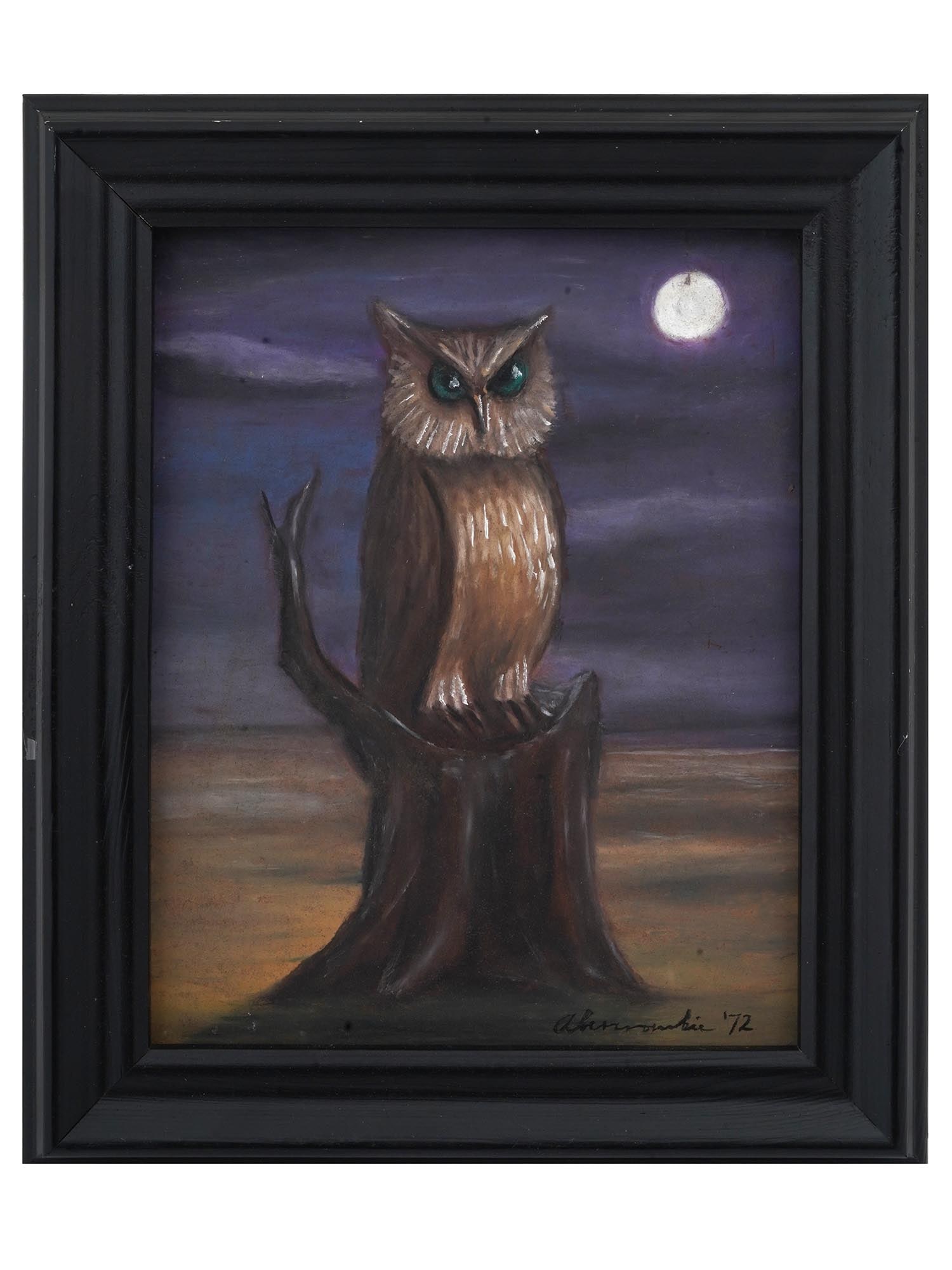 1972 OIL PAINTING ATTR TO GERTRUDE ABERCROMBIE: Attributed to Gertrude Abercrombie, American, 1909 to 1977, oil painting on masonite depicting an owl. Signed and dated 1972 lower right. Framed. Called the queen of the bohemian artists, Abercrombie