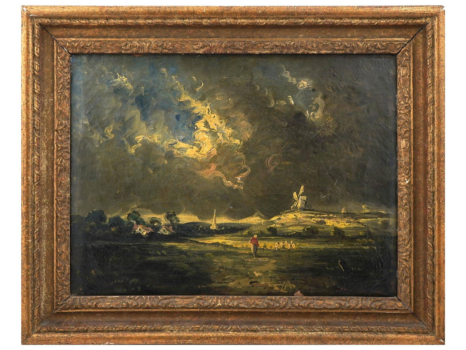 ENGLISH LANDSCAPE OIL PAINTING ATTR TO JOHN CONSTABLE: Oil on canvas painting attributed to John Constable, 1776 to 1873, an English academic artist known for revolutionizing the genre of landscape painting in the Romantic tradition. The artwork depicts a
