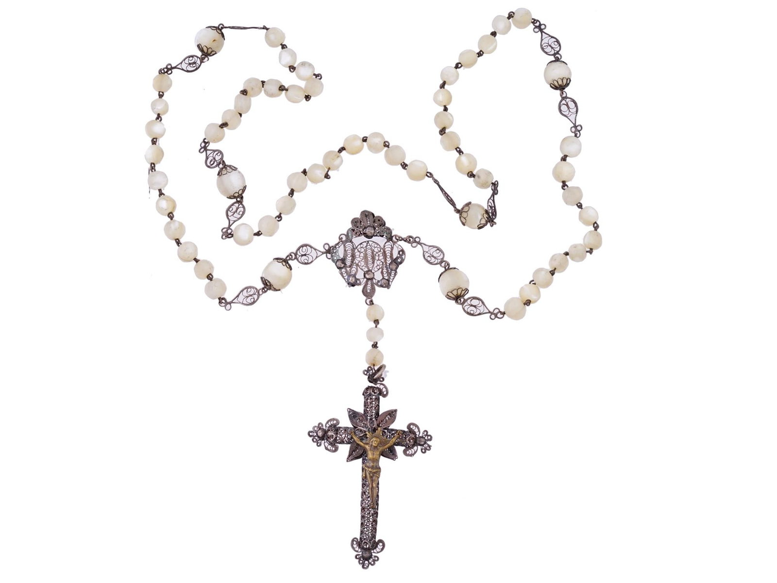 ANTIQUE SPANISH CATHOLIC SILVER PEARL ROSARY W CRUCIFIX: An antique Spanish Catholic silver pearl rosary or prayer beads and cross pendant with a crucifix. Openwork filigree chain made of silver, round and oval white pearly beads, cross pendant with the cru