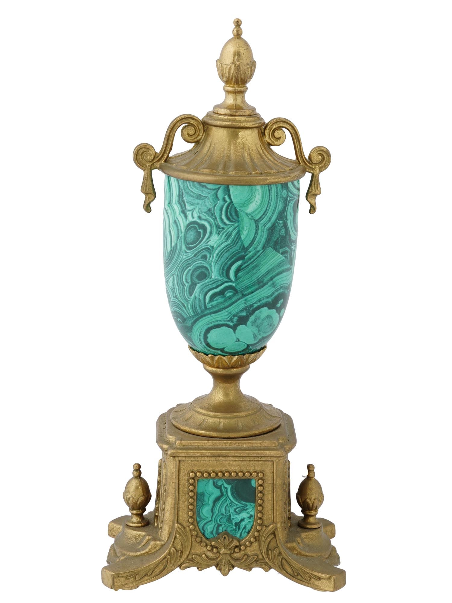 ITALIAN MALACHITE IMITATION AND GILT BRONZE VASE: An Italian gilded petit bronze furniture vase made in the Louis XV manner. The amphora shaped vase has a malachite imitation body and adorned with a scrollwork design in the upper part, and an acorn f