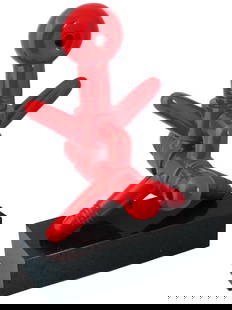 CANADIAN SOREL ETROG ABSTRACT BRONZE SCULPTURE: An abstract limited edition red bronze sculpture by Sorel Etrog titled Sadko. Circa 1970s. The vibrant red sculpture resembles a man flying on a plane made from bullets. The rectangular marble stand i