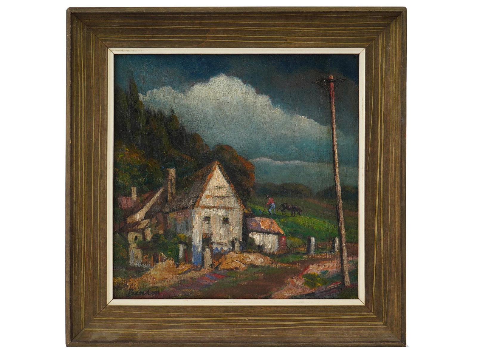 AMERICAN THOMAS HART BENTON LANDSCAPE OIL PAINTING: Thomas Hart Benton, American, 1889 to 1975, oil painting on canvas depicting a fine landscape with a village house. Signed lower left. Framed. Thomas Hart Benton is an American artist. Along with John