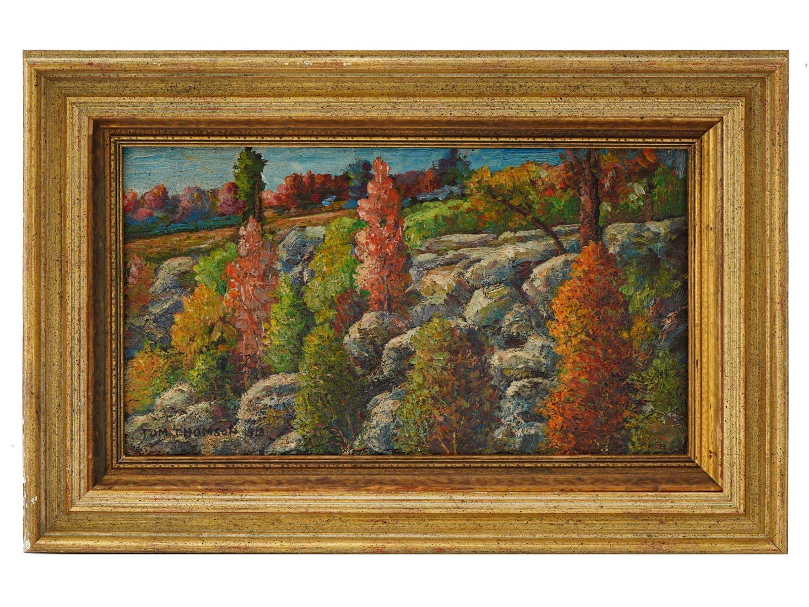 CANADIAN OIL LANDSCAPE PAINTING BY THOMAS THOMSON: An antique Canadian oil on board landscape painting by Thomas John Thomson, 1913. Signed by artist lower left. Framed. Thomas John Thomson, 1877 to 1917, was a Canadian artist active in the early 20th