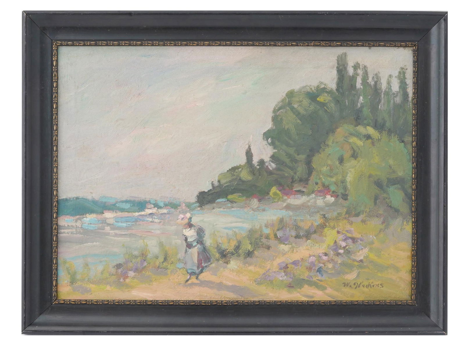 WILLIAM J GLACKENS IMPRESSIONIST AMERICAN OIL PAINTING: William James Glackens, American, French, 1870 to 1938, oil painting on canvas depicting a genre scene with a girl walking along the coast. Signed lower right. Framed. William Glackens is known for Ge