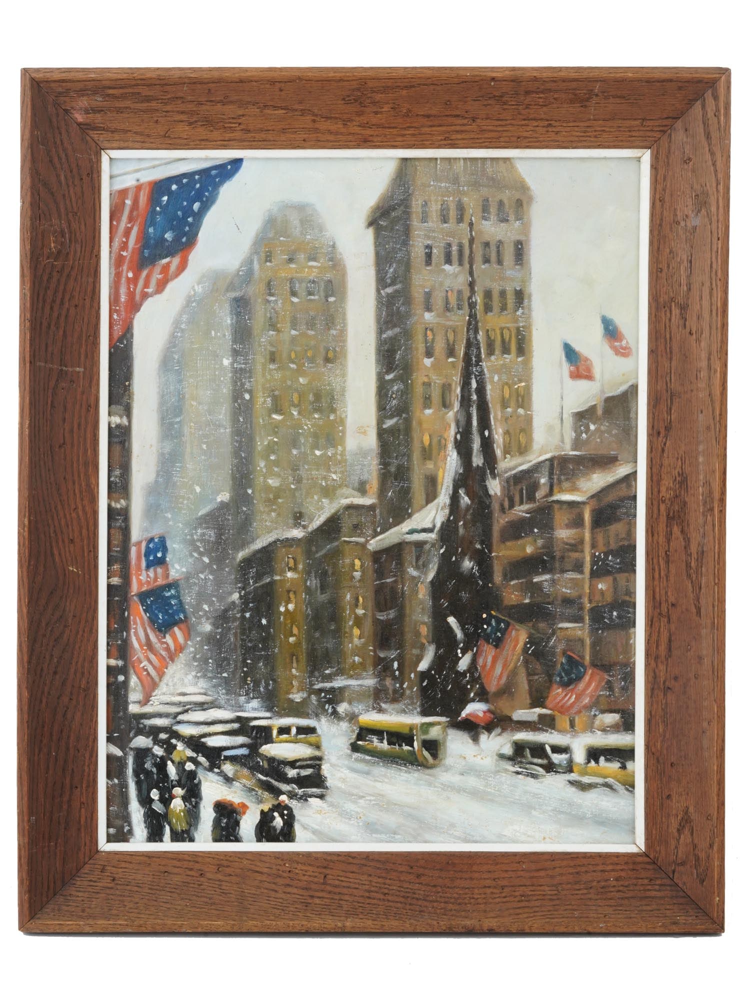 ATTR TO GUY WIGGINS NEW YORK CITYSCAPE OIL PAINTING: Attributed to Guy Carleton Wiggins, American, 1883 to 1962, oil painting on cardboard depicting a New York winter cityscape. Circa: 1940s. Framed. Guy Carleton Wiggins as an American impressionist pai