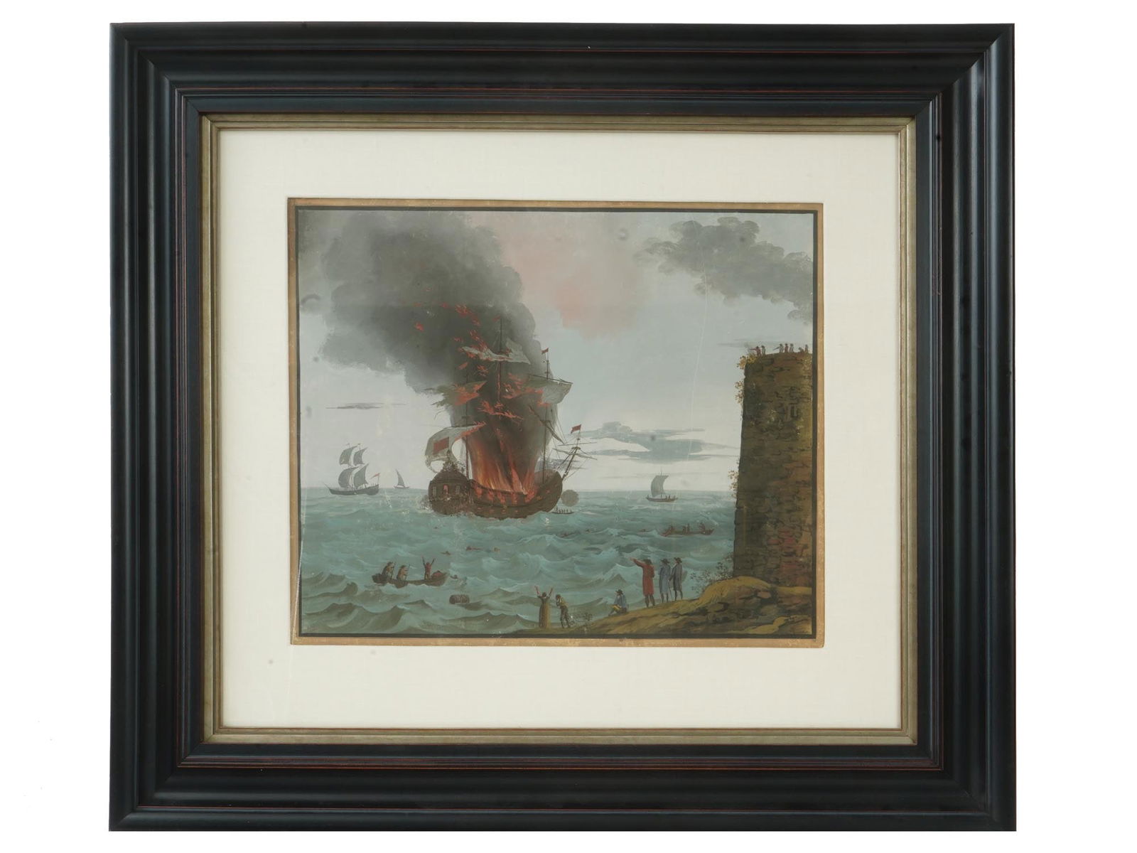 ANTIQUE ITALIAN SCHOOL SHIPWRECK GOUACHE PAINTING (1 of 5)
