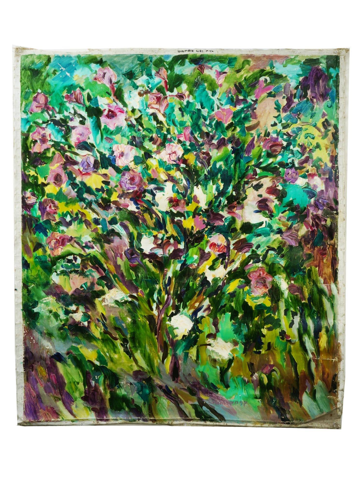 RUSSIAN ROSE OIL PAINTING BY KARAKHAN SEFERBEKOV: Karakhan Seferbekov, Russian Soviet era, born 1957, oil painting on canvas, Chinese Rose, 1997. Signed and dated, lower right. Additionally signed, titled, dated, and inscribed, on the backside. Karak