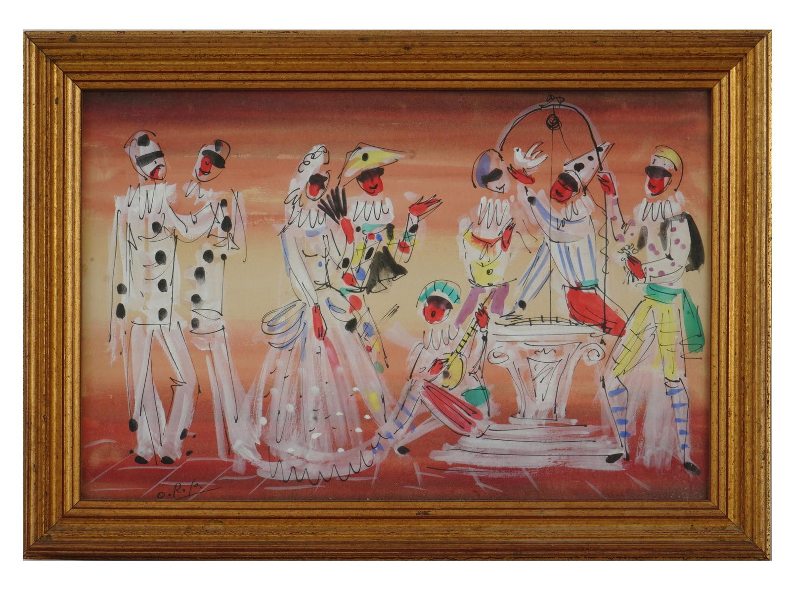 MID CENTURY MIXED MEDIA PAINTING CLOWNS SIGNED (1 of 4)