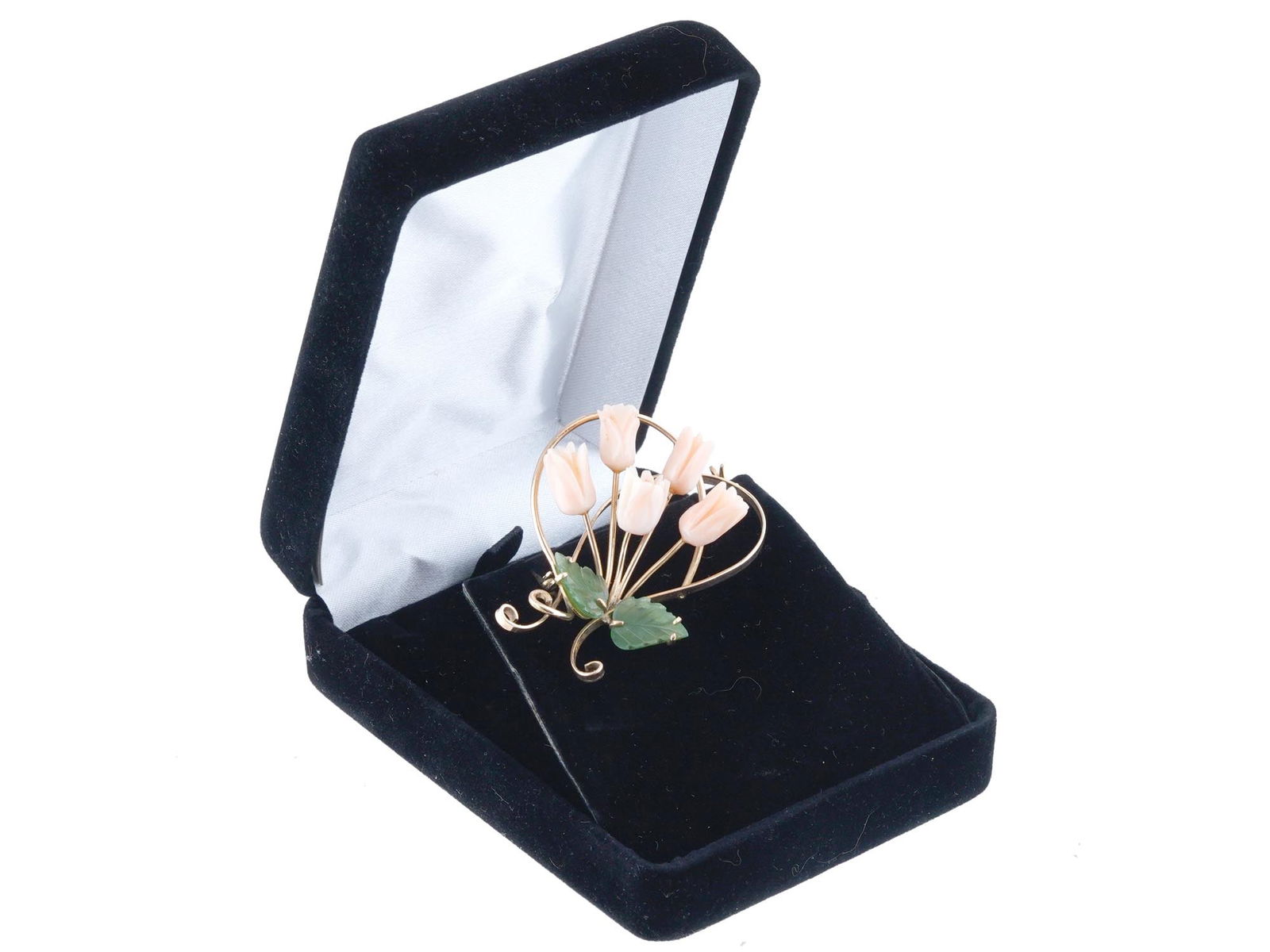 18K GOLD BROOCH W ANGEL SKIN CORAL JADE FLOWERS (1 of 4)
