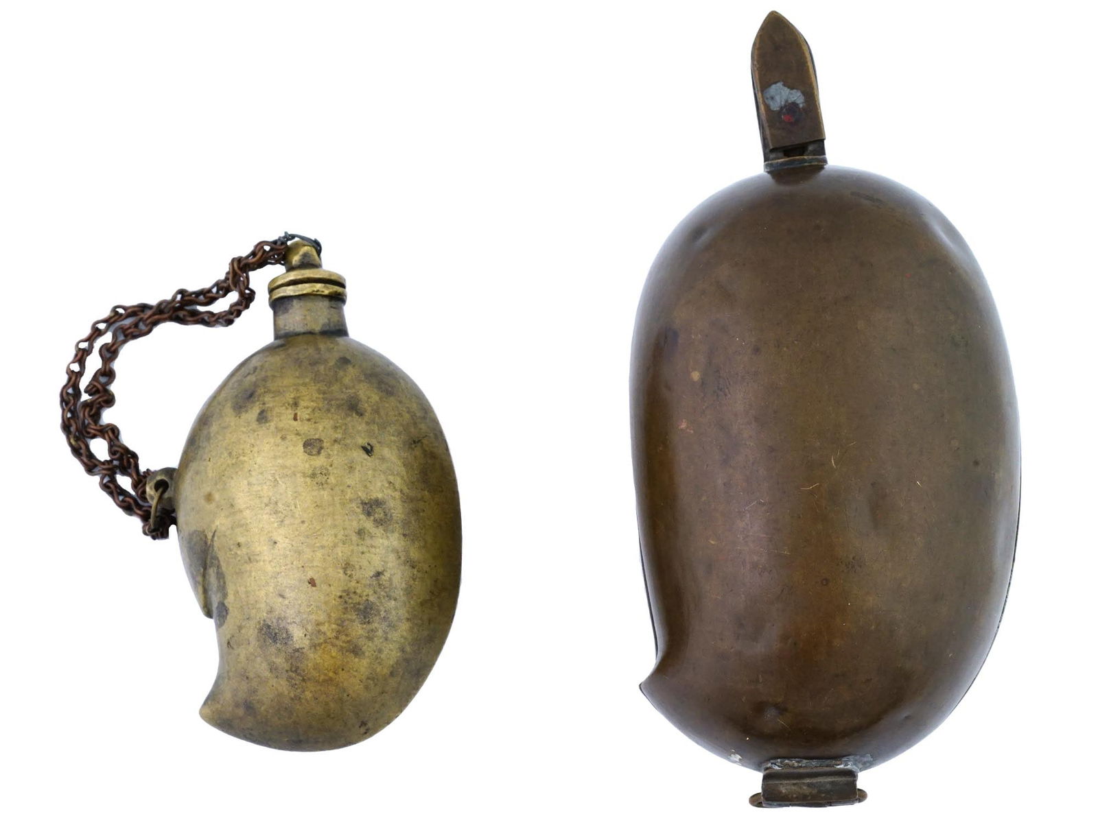 ANTIQUE INDIAN BRONZE FLASK AND CONTAINER: An antique Indian bronze flask, complemented by a stopper on a chain, alongside a container with internal separations, holds cultural and historical importance within Indian craftsmanship. Such vessel