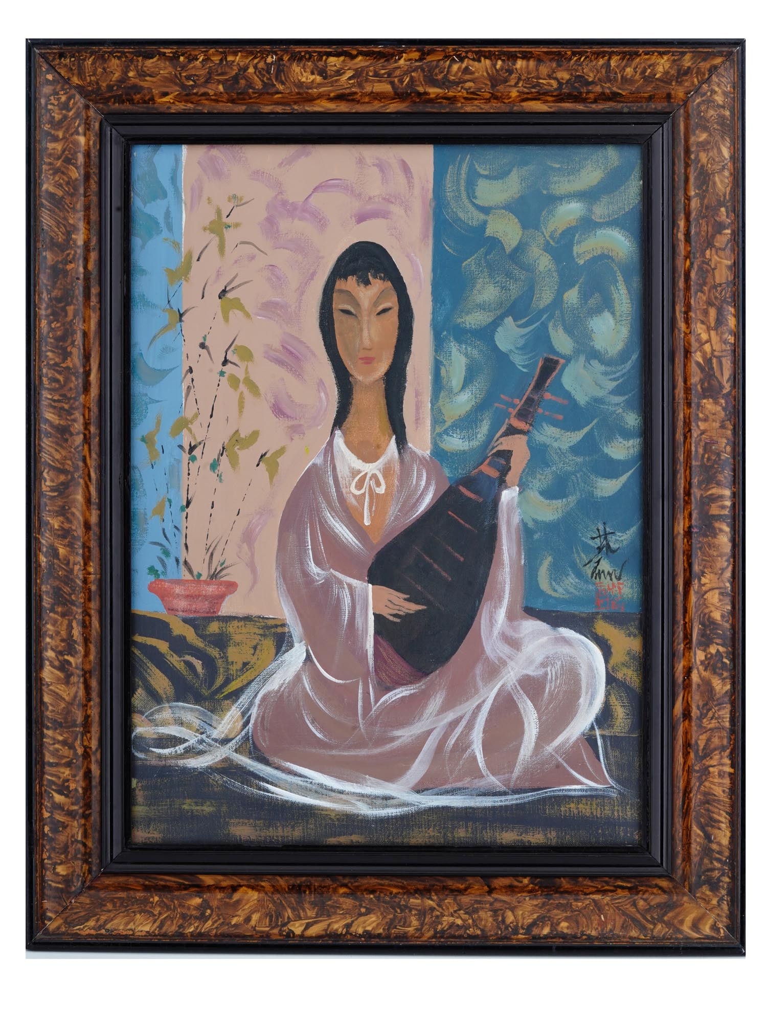MANNER OF LIN FENGMIAN MODERN CHINESE OIL PAINTING: An oil painting on canvas in the manner of Lin Fengmian, Chinese, 1900 to 1991. The artwork depicts a portrait of a female musician. Signed with Calligraphy, and a red seal, to the center right. Frame